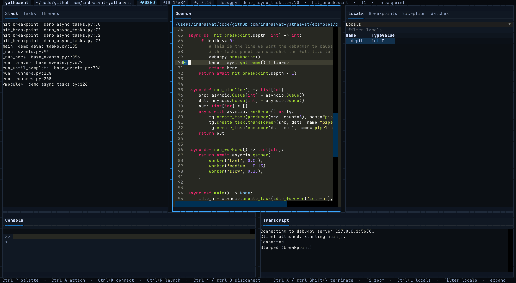 Connected to a running asyncio service, paused inside a coroutine