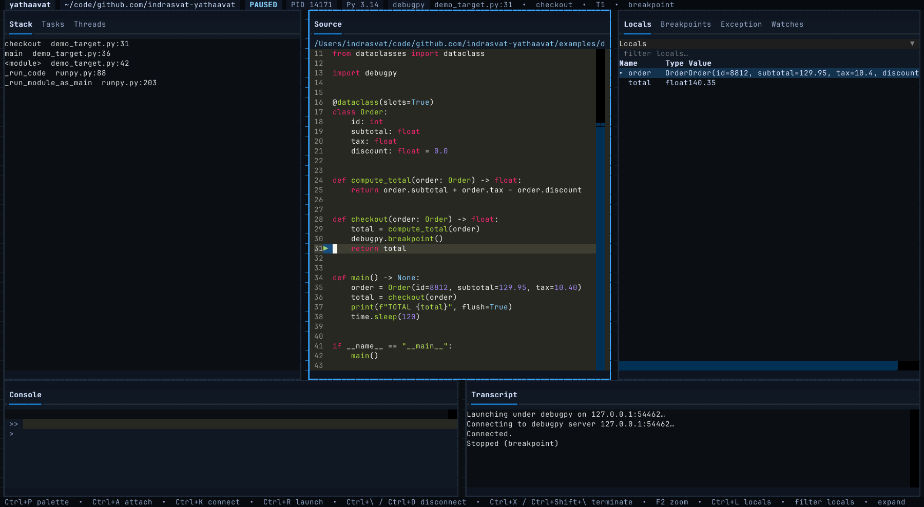 yathaavat paused at a breakpoint: stack, source, and locals in one view