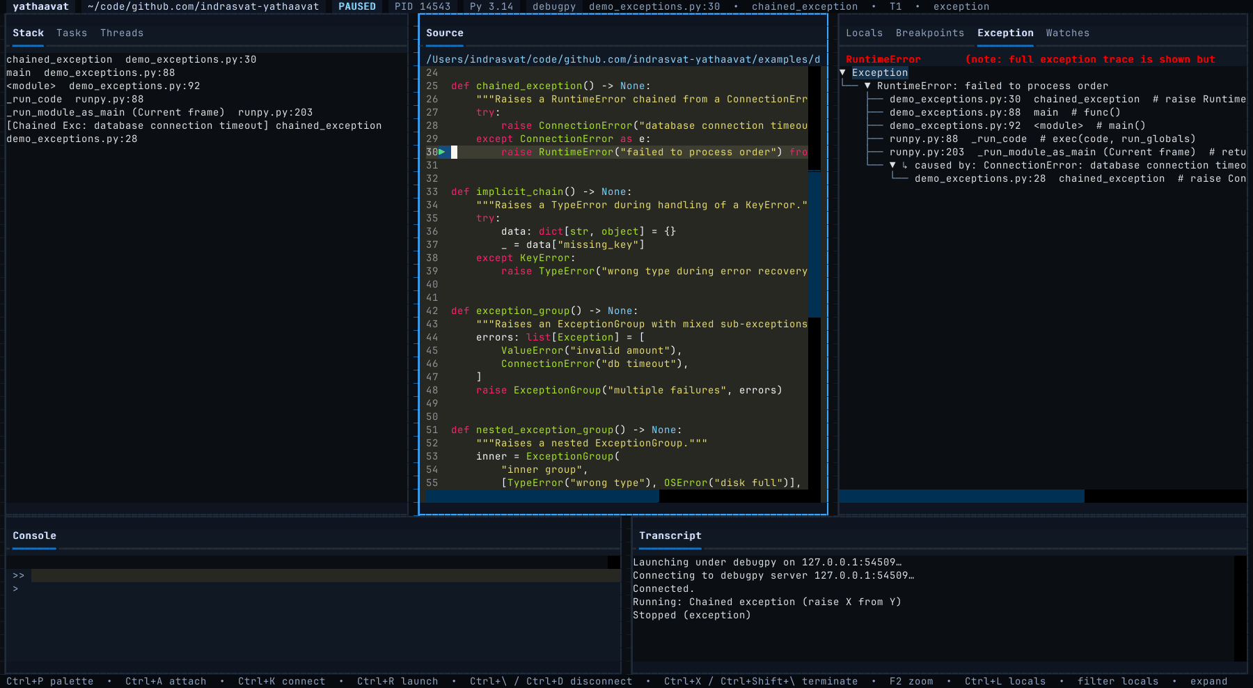 An exception stop showing the traceback tree