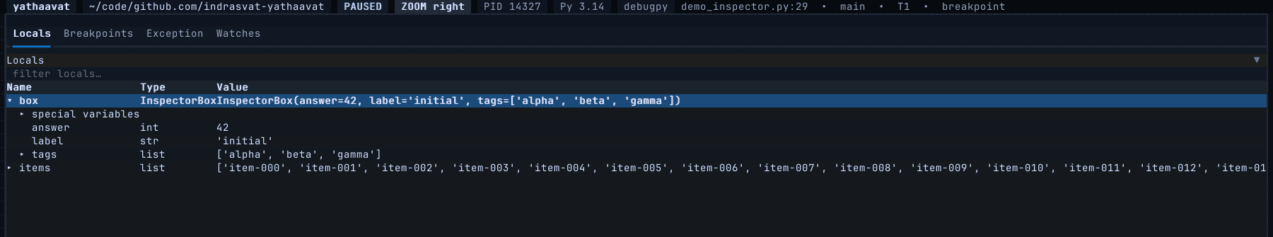 Expandable locals showing real values: an InspectorBox with answer, label, tags, and a long items list